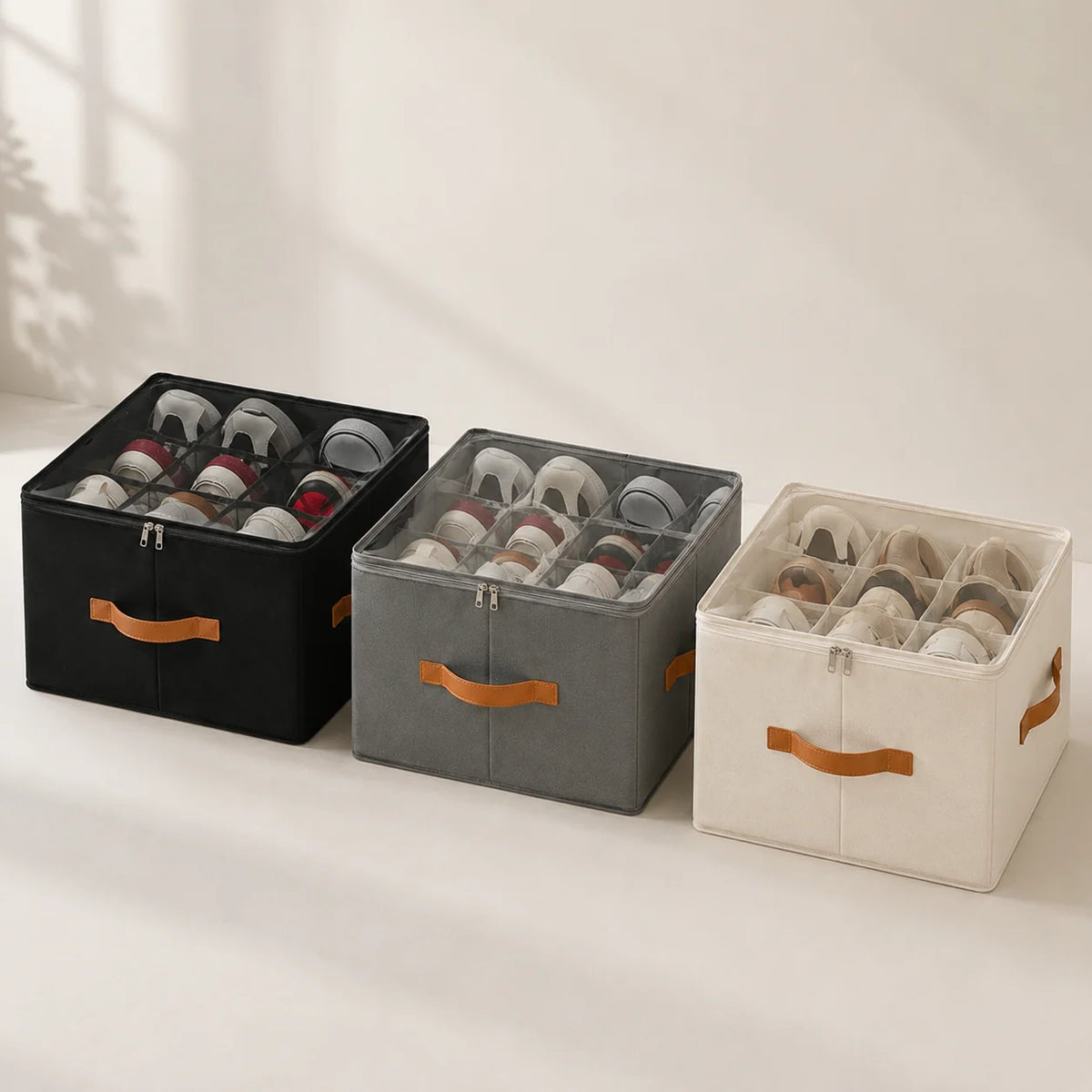 Shoe Storage Box | Collapsible Fabric With Clear Window | Divided Compartments