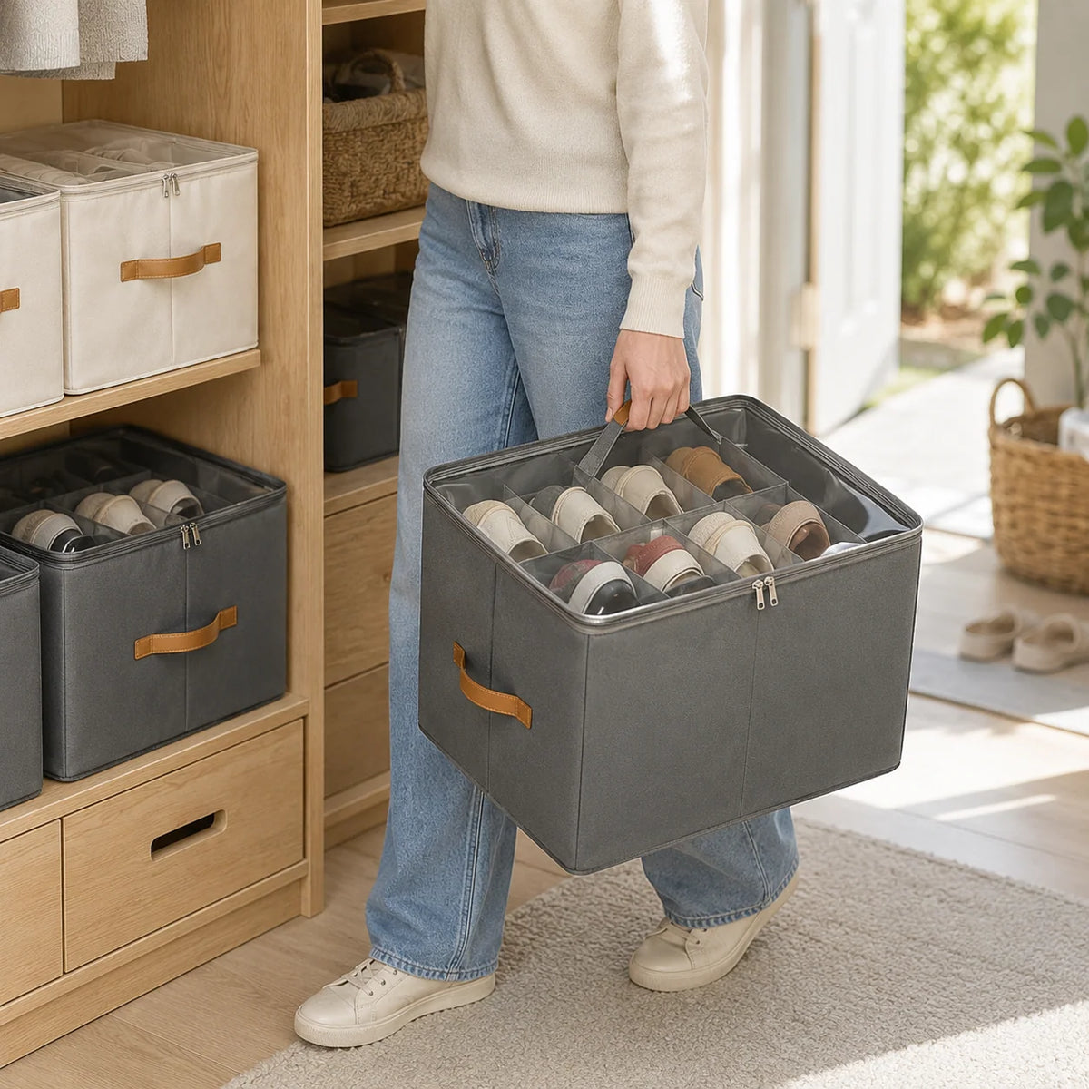 Shoe Storage Box | Collapsible Fabric With Clear Window | Divided Compartments