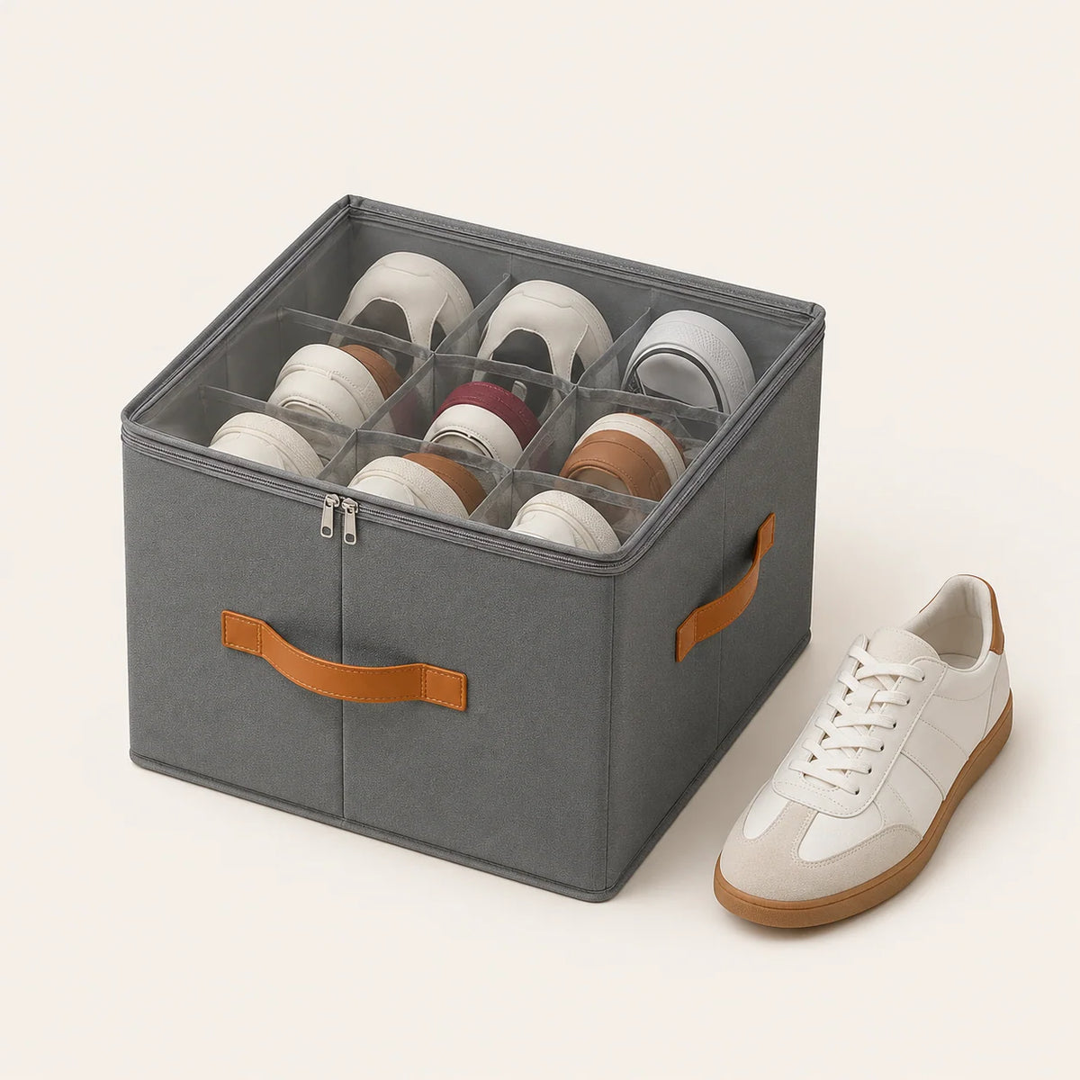 Shoe Storage Box | Collapsible Fabric With Clear Window | Divided Compartments