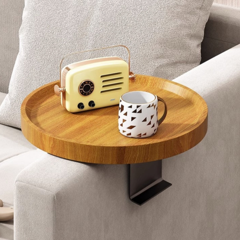 Sofa Armrest Tray | Solid Wood & Adjustable Clip-On | 12 in Diameter
