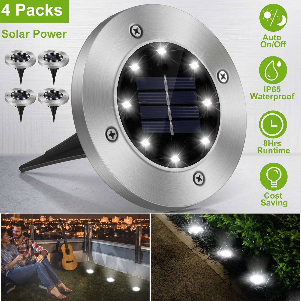 Solar Ground Lights | Flush-Mount & Solar Powered | 4-Pack