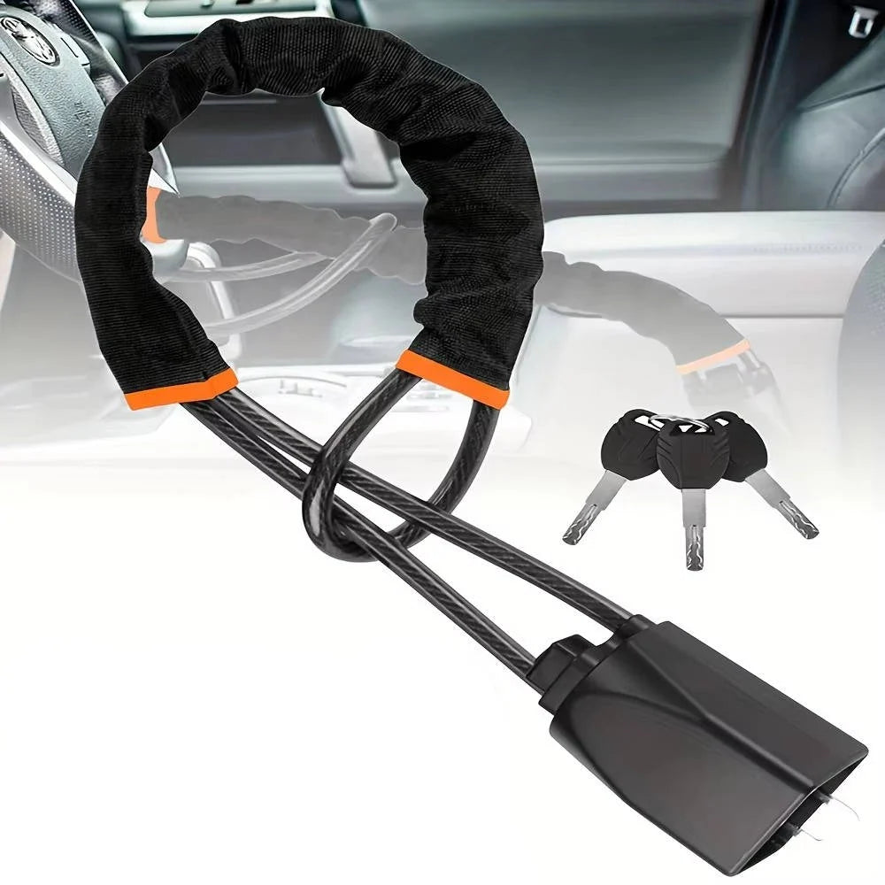 Steering Wheel Lock | Braided Steel Dual-Locking Cable | Includes 3 Keys