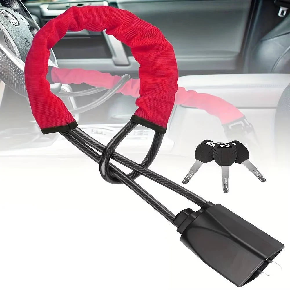 Steering Wheel Lock | Braided Steel Dual-Locking Cable | Includes 3 Keys