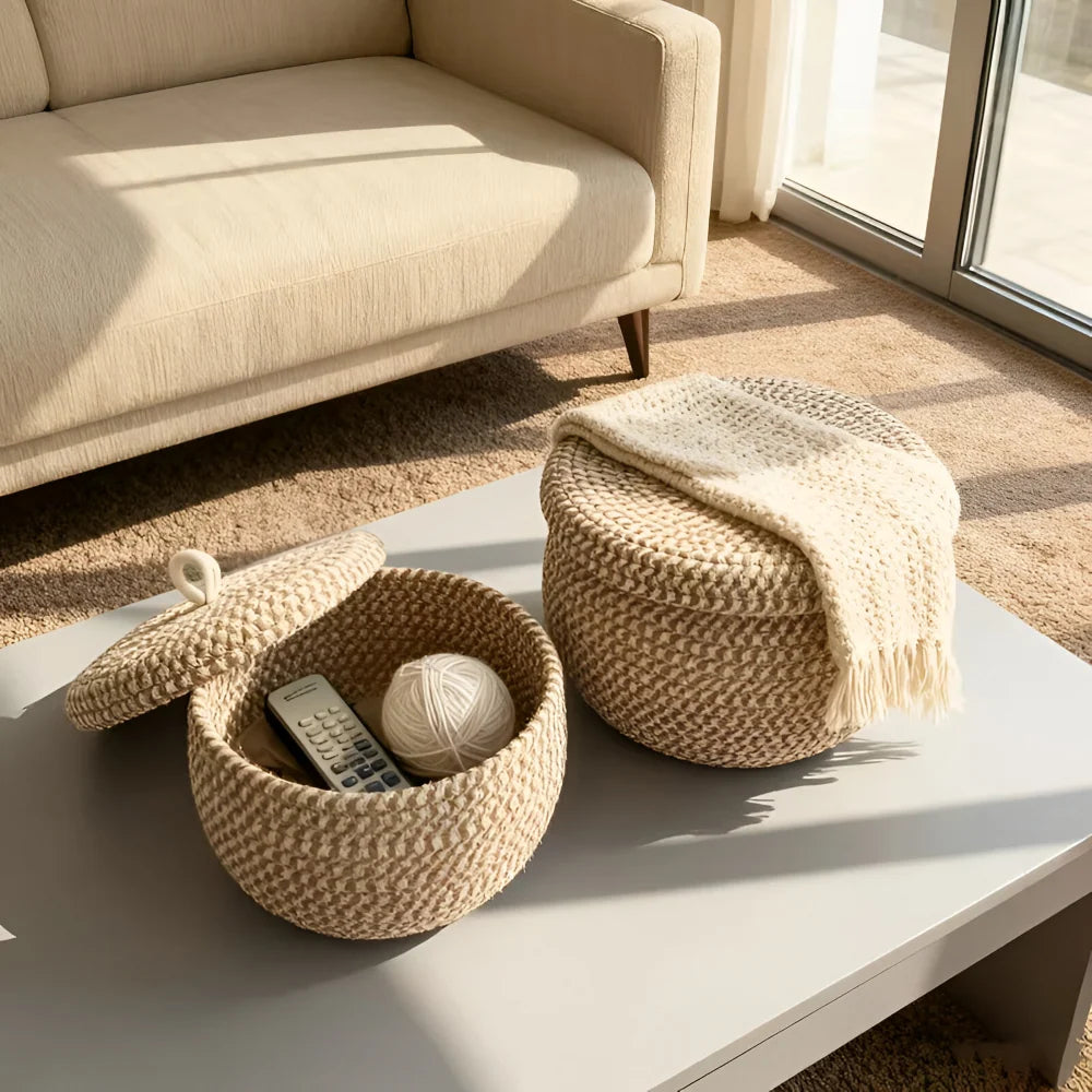 Storage Basket | Jute & Cotton With Lid
