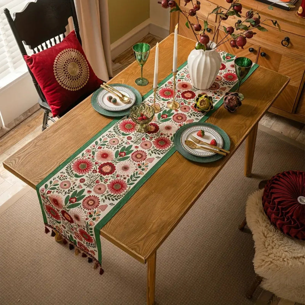 Table Runner | Embroidered Floral & Colorful Tassels | Machine Washable