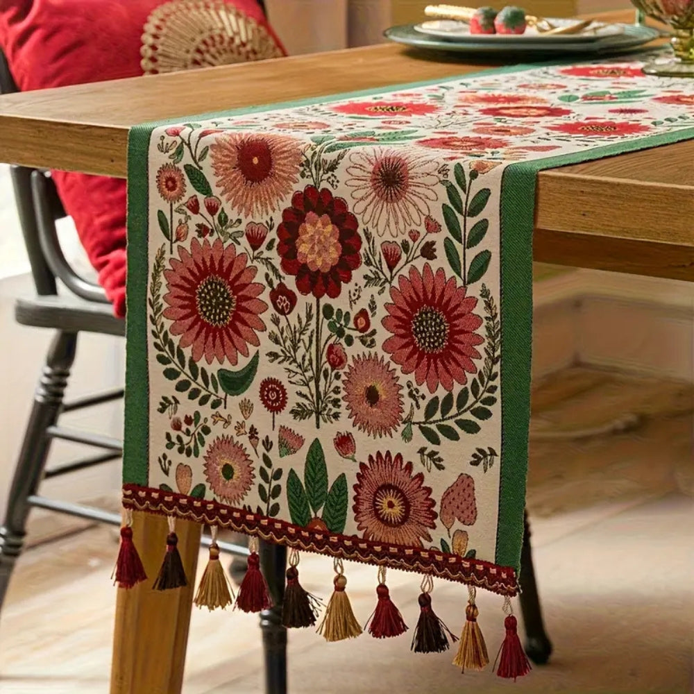 Table Runner | Embroidered Floral & Colorful Tassels | Machine Washable
