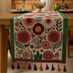 Table Runner | Embroidered Floral & Colorful Tassels | Machine Washable