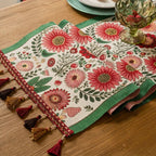Table Runner | Embroidered Floral & Colorful Tassels | Machine Washable