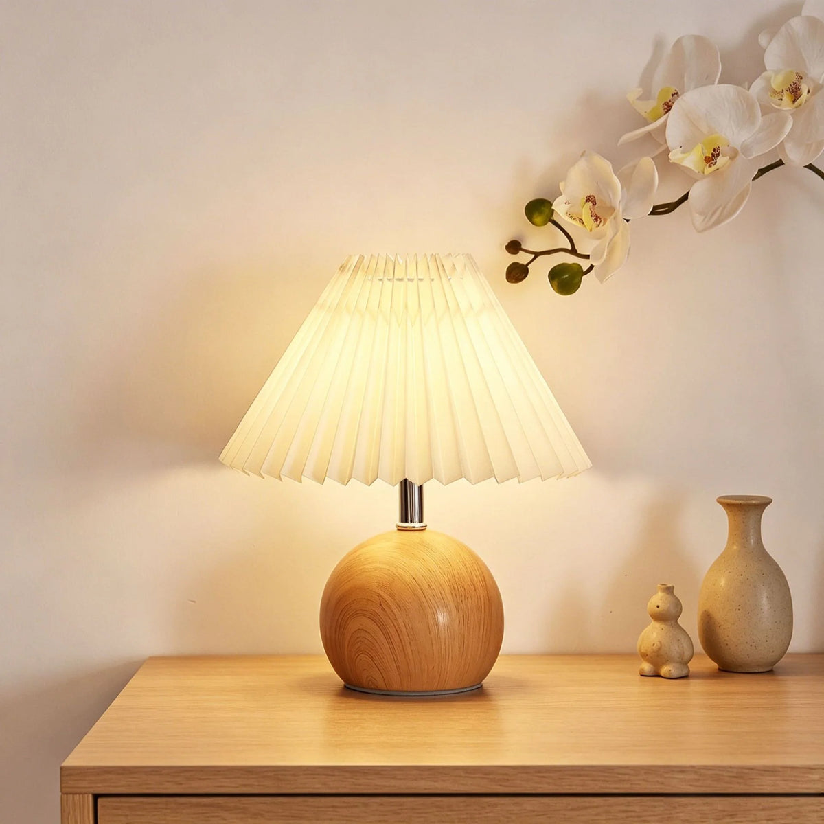 Table Lamp | Pleated Fabric Shade & Wood Base