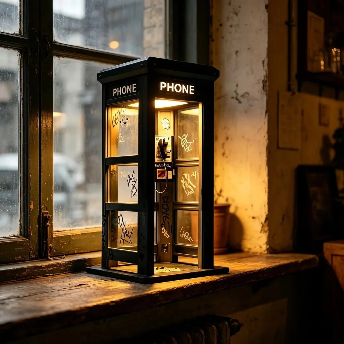 Table Lamp | Vintage Phone Booth Design & Warm Ambient Light | Battery-Powered