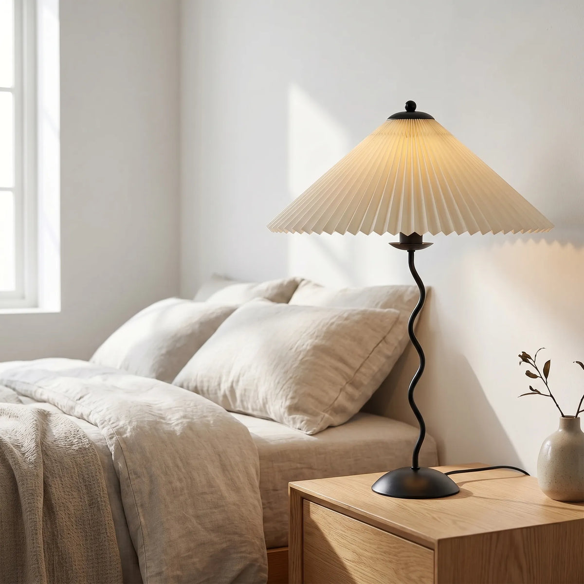 Table Lamp | Wavy Metal Base & Wide Pleated Shade