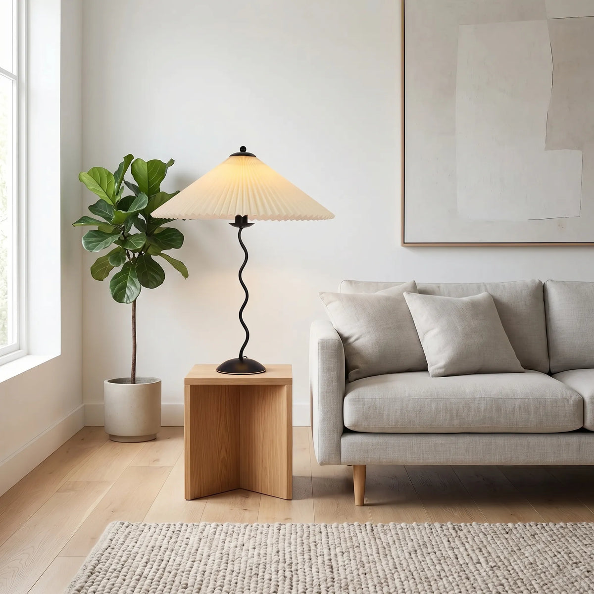 Table Lamp | Wavy Metal Base & Wide Pleated Shade