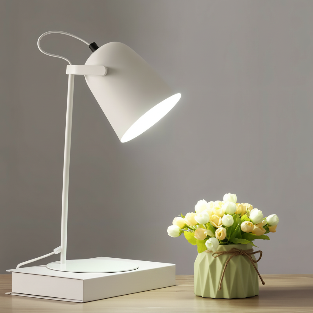 Table Lamp | Cylindrical Iron Base & Rounded Shade | In-Line Cord Switch