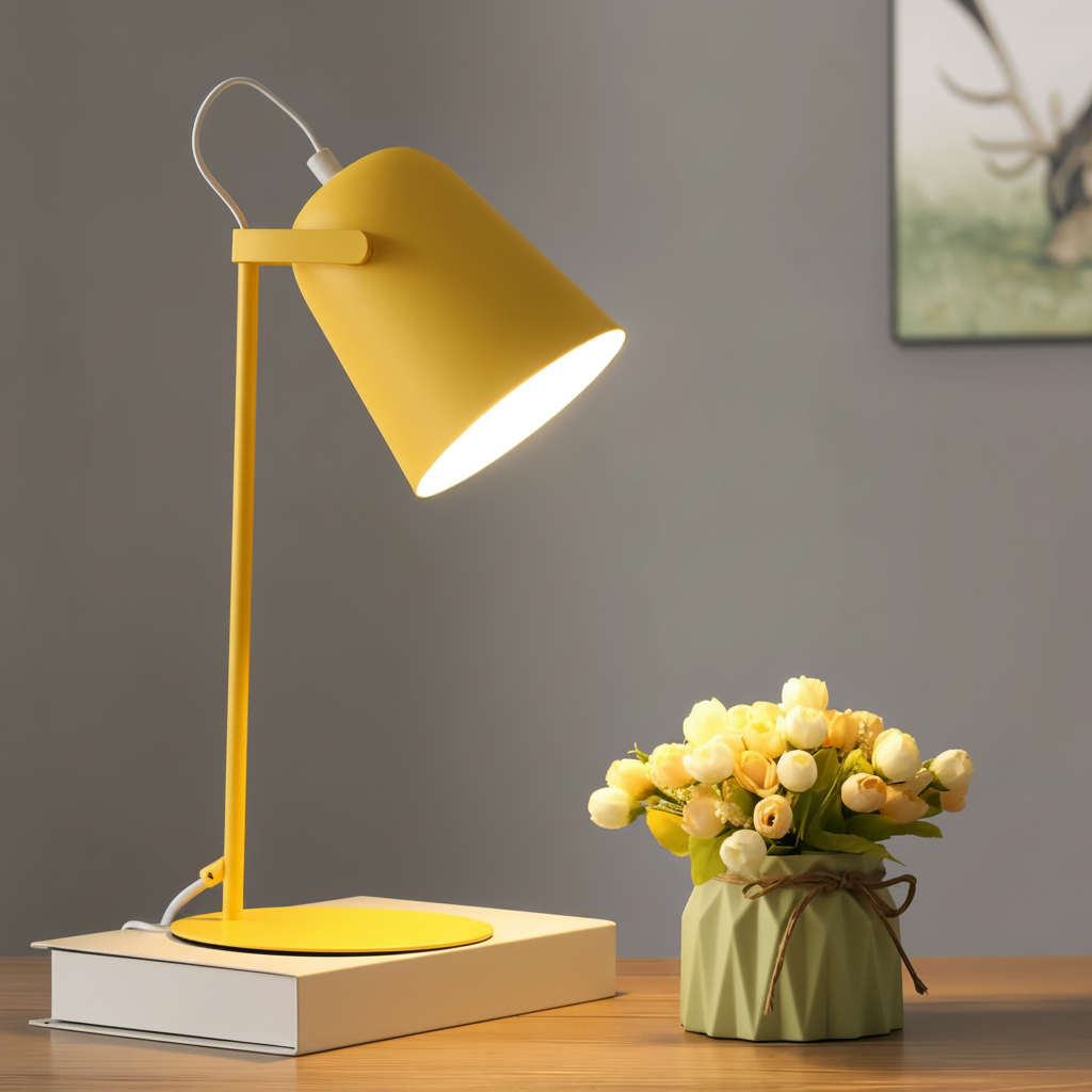 Table Lamp | Cylindrical Iron Base & Rounded Shade | In-Line Cord Switch