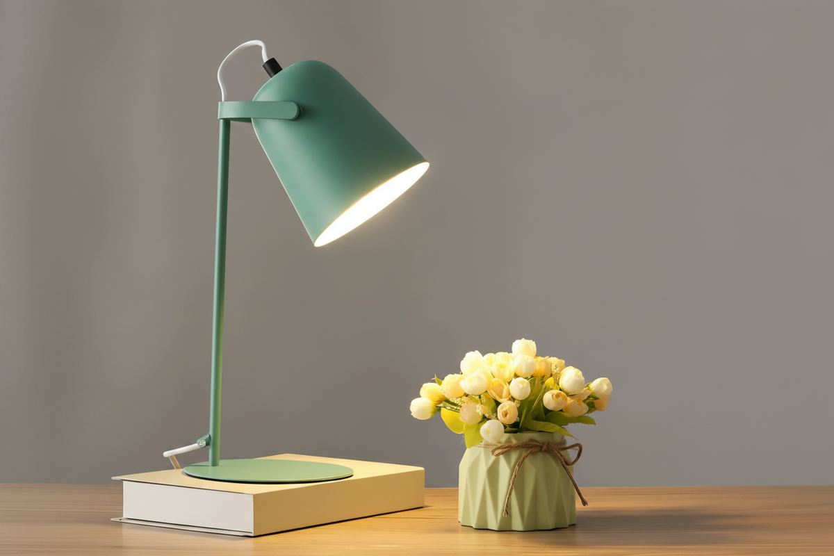 Table Lamp | Cylindrical Iron Base & Rounded Shade | In-Line Cord Switch