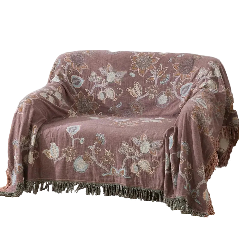 Bed Blanket | Floral Jacquard Woven Cotton | Tassel Trim