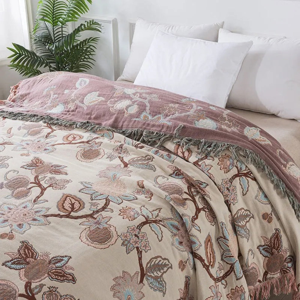 Bed Blanket | Floral Jacquard Woven Cotton | Tassel Trim