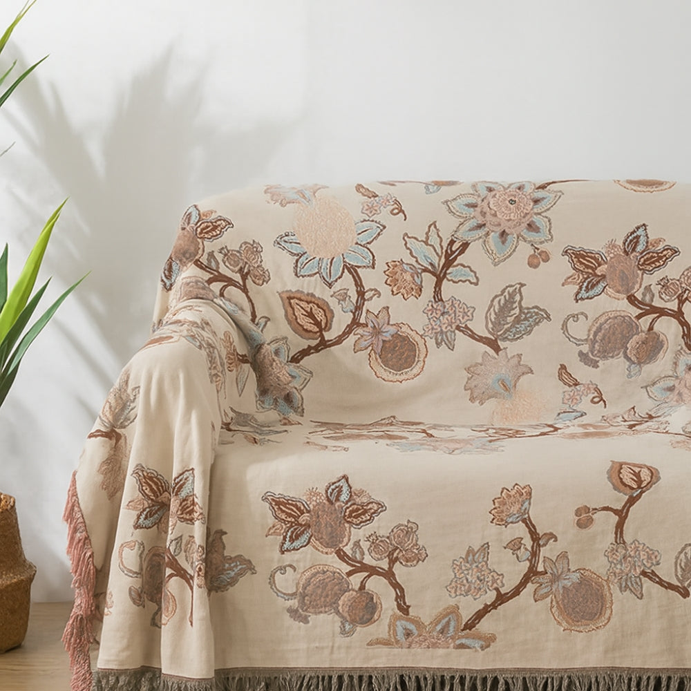 Bed Blanket | Floral Jacquard Woven Cotton | Tassel Trim