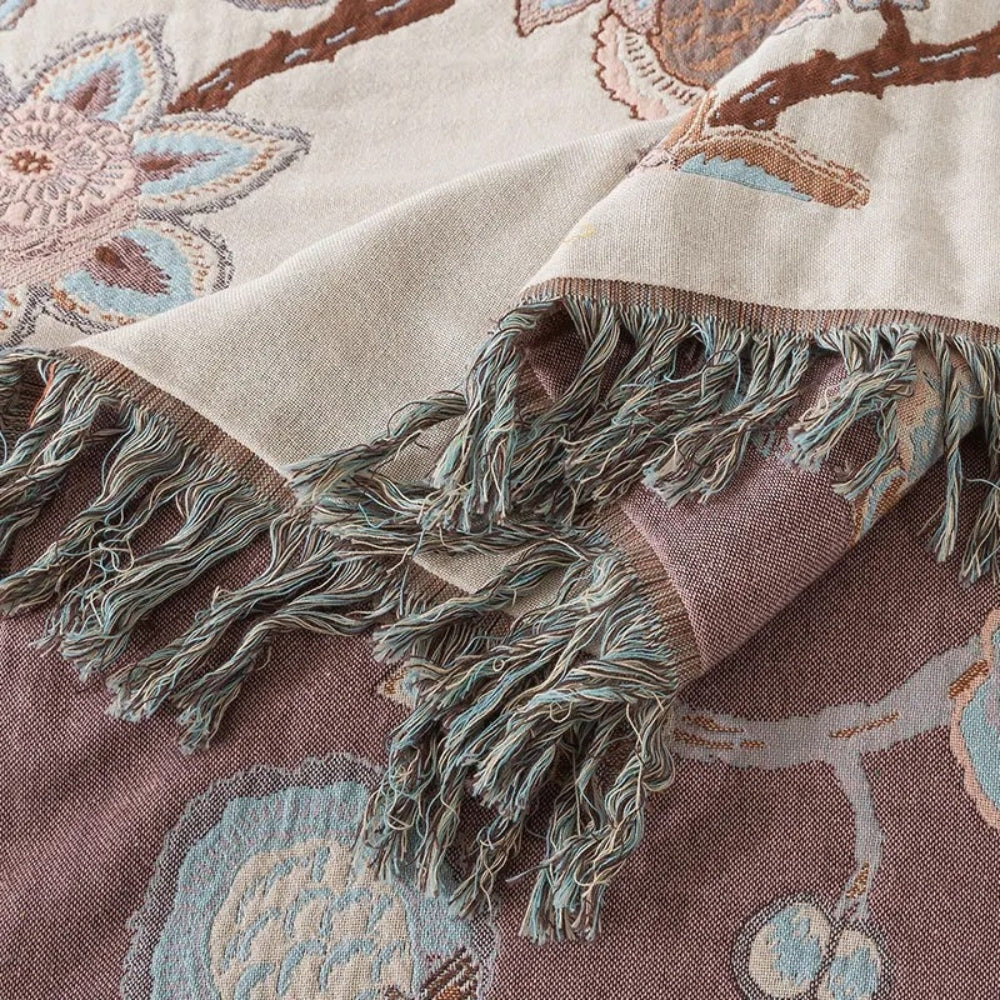 Bed Blanket | Floral Jacquard Woven Cotton | Tassel Trim