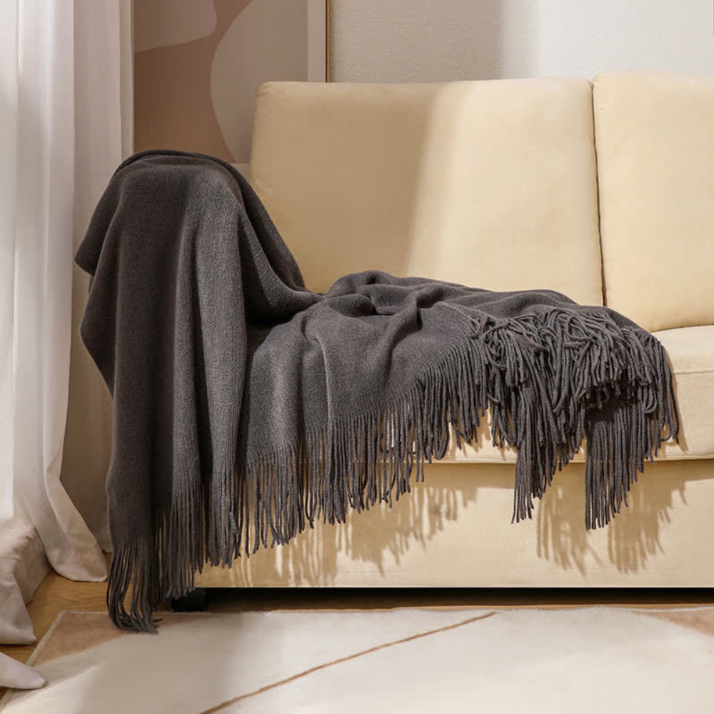 Throw Blanket | Chunky Knit & Tassel Edges | 51 x 94 in