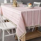 Tablecloth | Embroidered Stripes & Cotton Linen | Tassel Lace Trim