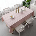 Tablecloth | Embroidered Stripes & Cotton Linen | Tassel Lace Trim