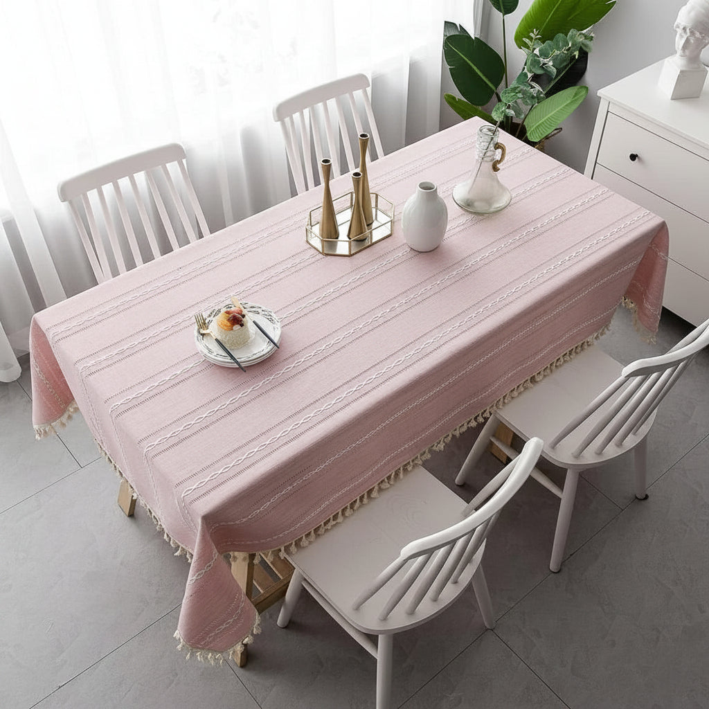 Tablecloth | Embroidered Stripes & Cotton Linen | Tassel Lace Trim