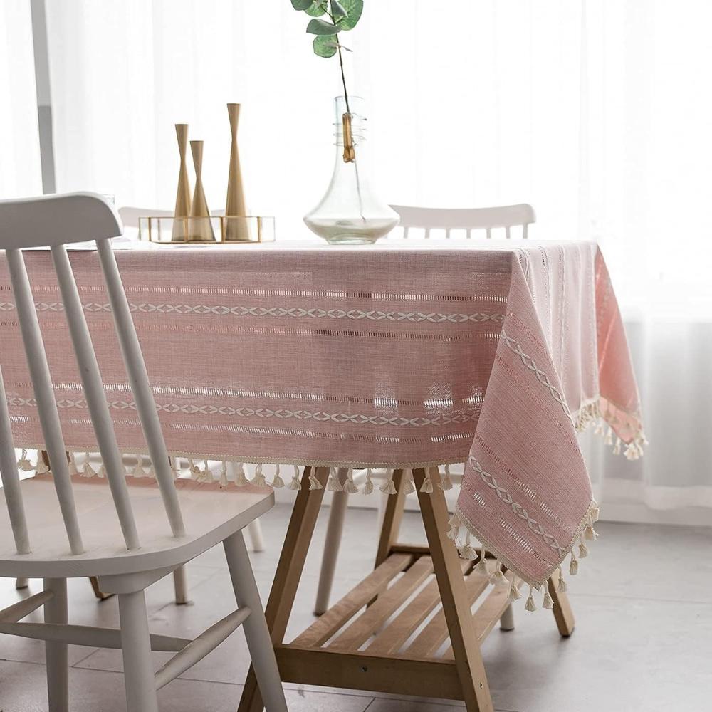 Tablecloth | Embroidered Stripes & Cotton Linen | Tassel Lace Trim