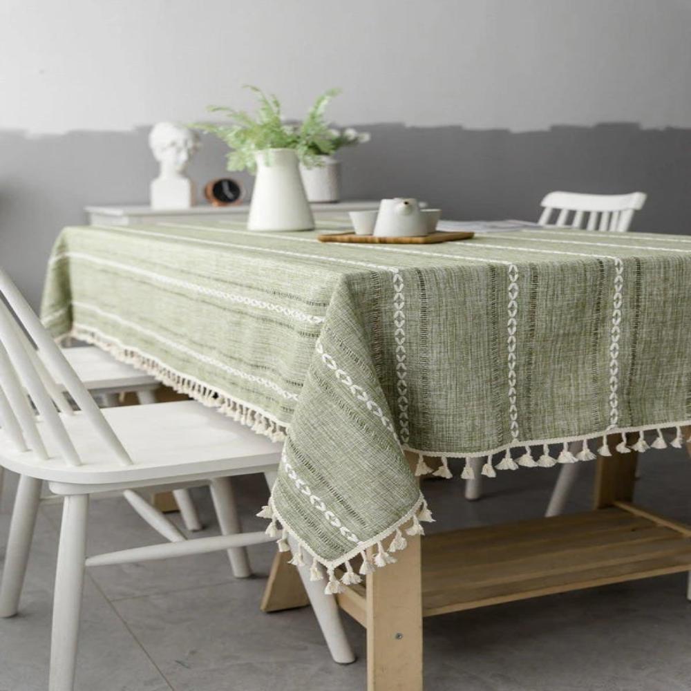 Tablecloth | Embroidered Stripes & Cotton Linen | Tassel Lace Trim