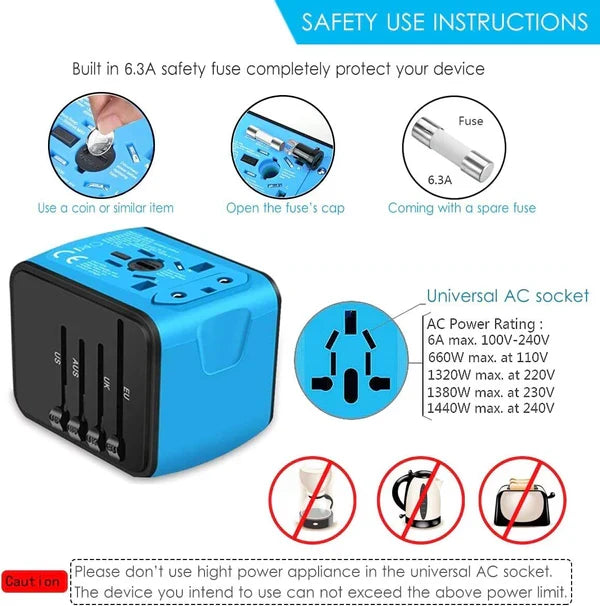 Travel Adapter | Universal Plug Compatibility & 4 USB Ports | 150+ Countries