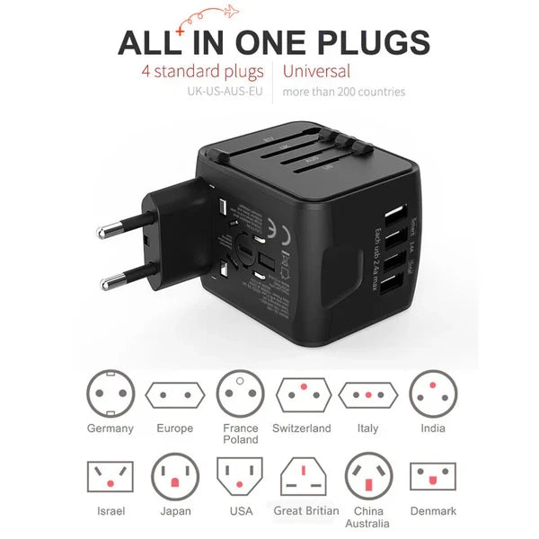 Travel Adapter | Universal Plug Compatibility & 4 USB Ports | 150+ Countries