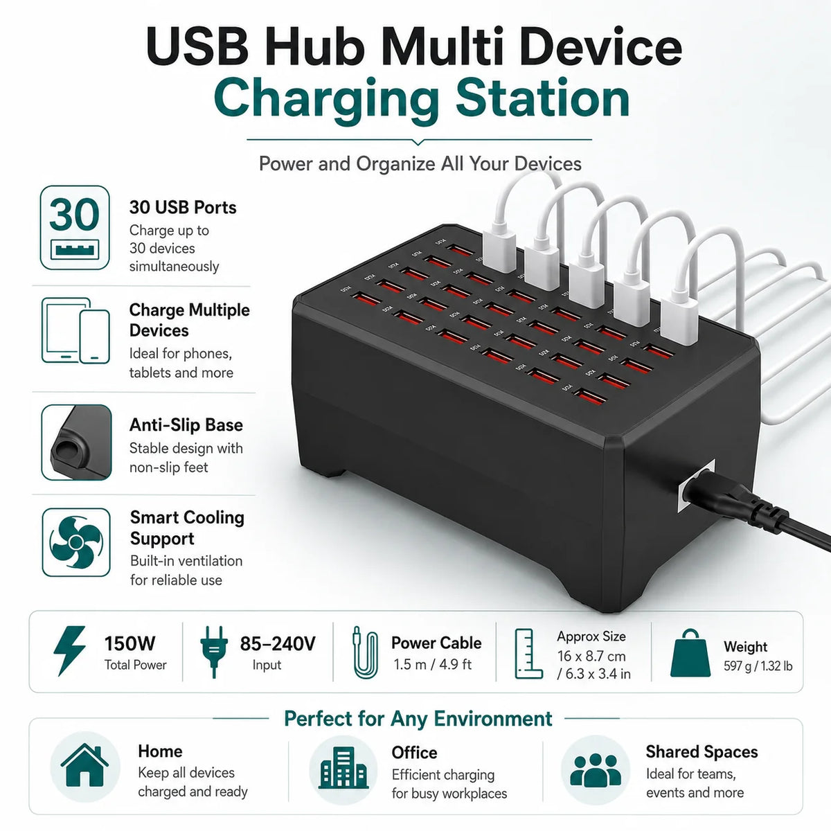 USB Charging Station | 30-Port Smart Cooling & Anti-Slip