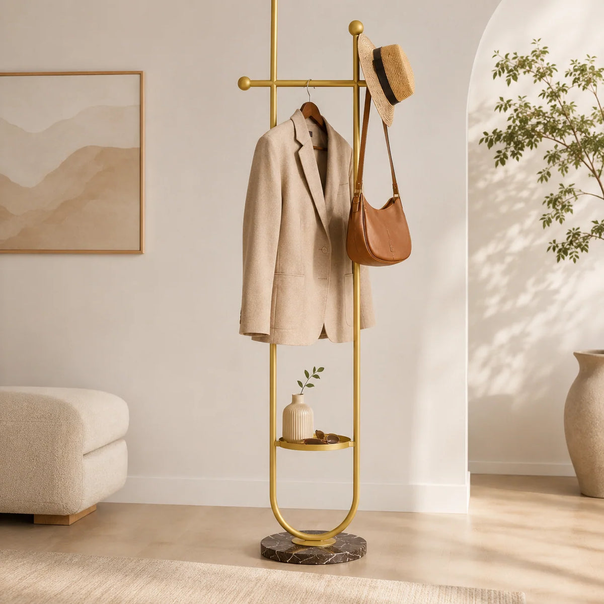 Valet Stand | Sculptural Arch Frame & Marble Base | Built-In Tray