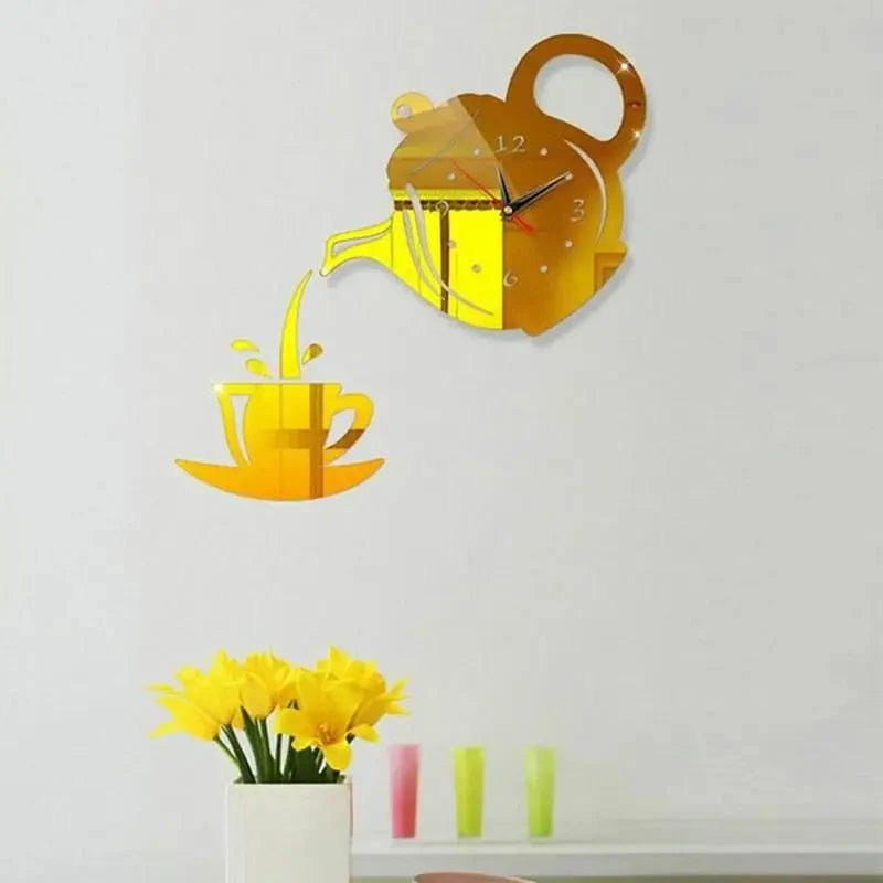 Wall Clock Set | Vintage Teapot & Kettle | Silent Quartz Movement