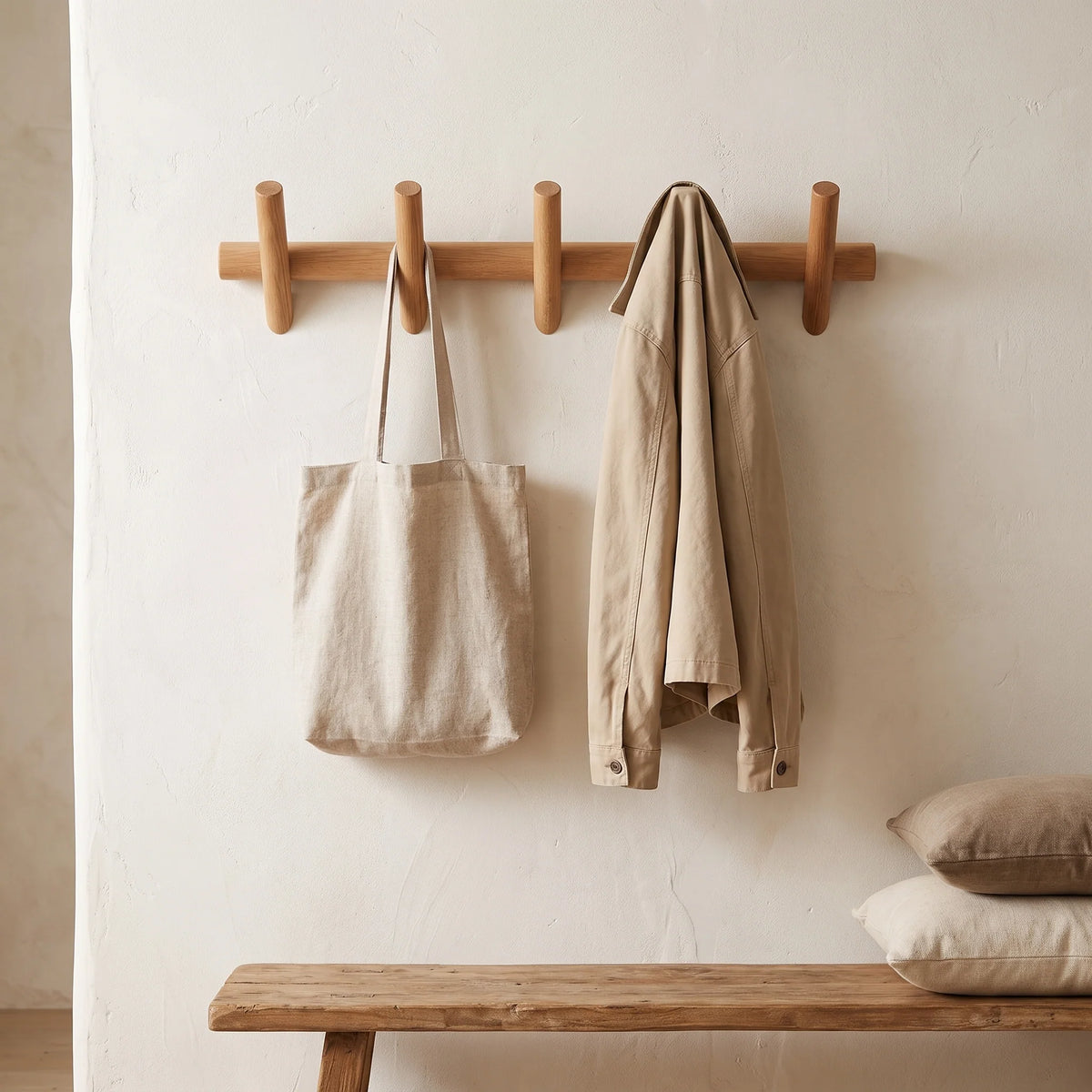 Wall Coat Rack | Solid Oak Rounded Pegs | 5 Pegs