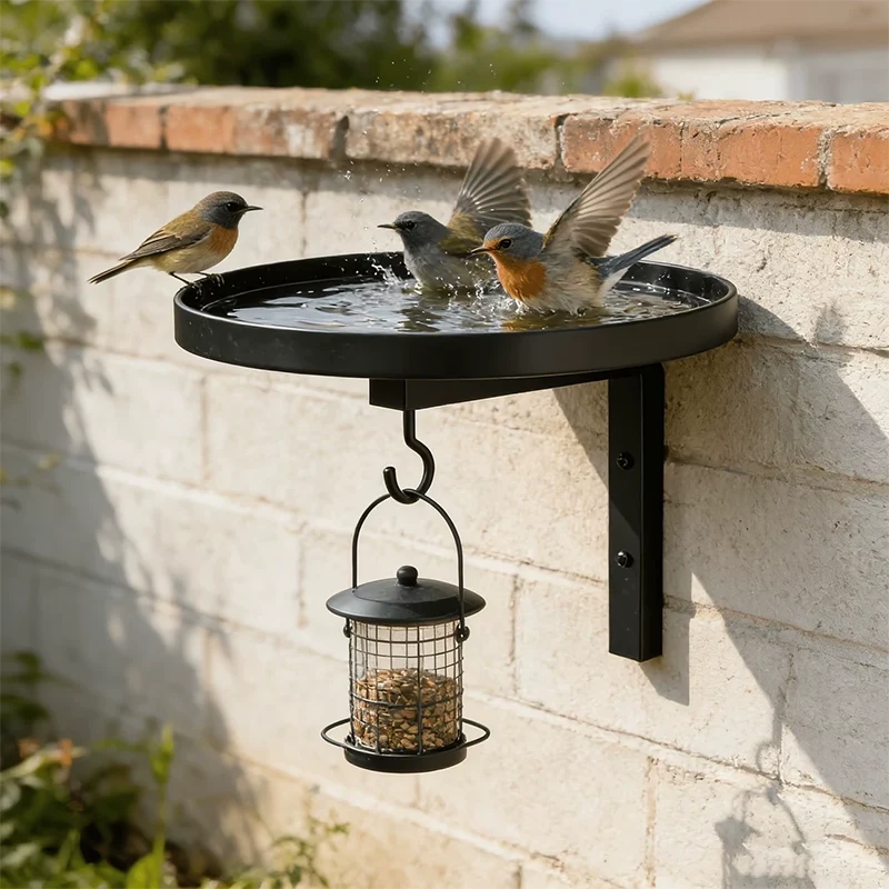 Wall-Mounted Bird Bath | Weatherproof Iron & 2-in-1 Basin & Hook | 20 cm Basin