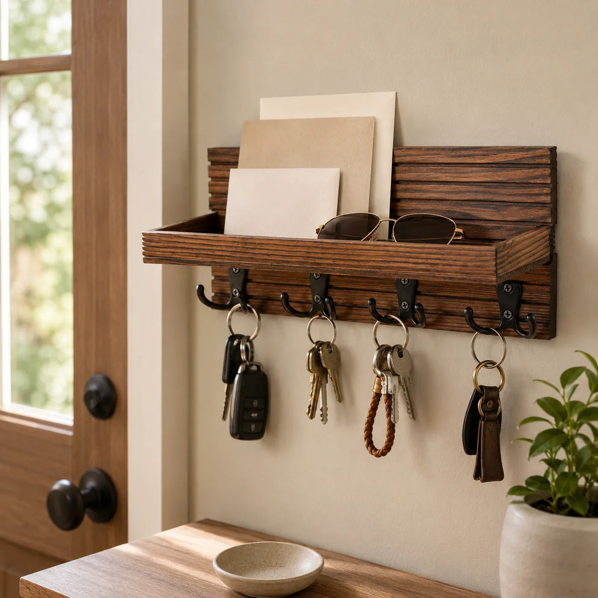 Wall-Mounted Key Holder | Natural Pine Shelf & 4 Double Hooks