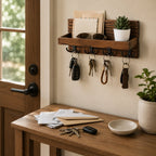 Wall-Mounted Key Holder | Natural Pine Shelf & 4 Double Hooks