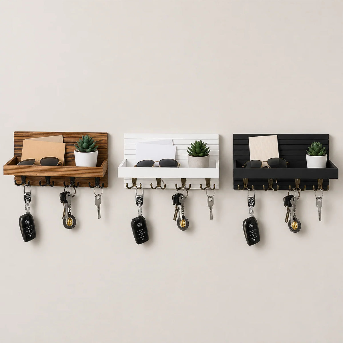 Wall-Mounted Key Holder | Natural Pine Shelf & 4 Double Hooks