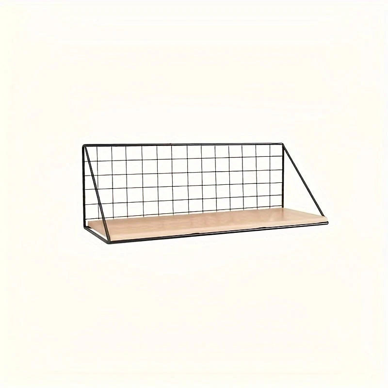 Wall Shelf | Metal Grid Back & Wood-Tone Base | No-Drill Mounting