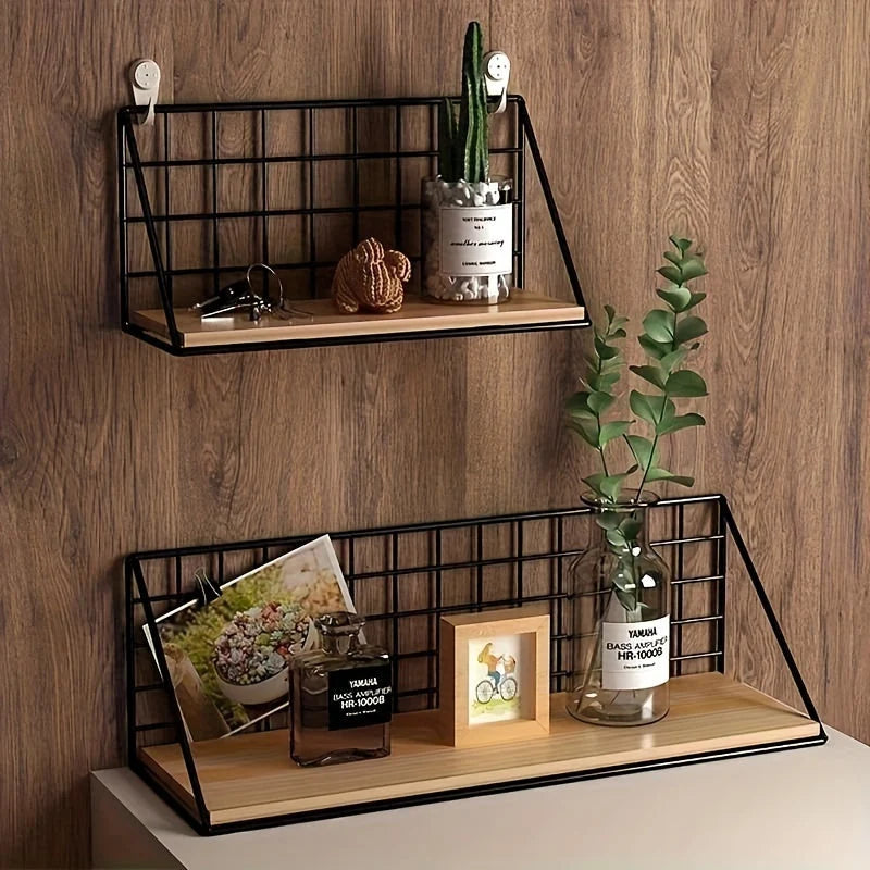 Wall Shelf | Metal Grid Back & Wood-Tone Base | No-Drill Mounting