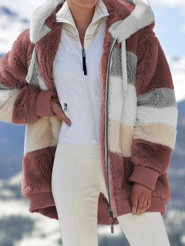 Women's Coat | Multicolor Hooded Cashmere | Zip Closure & Pockets