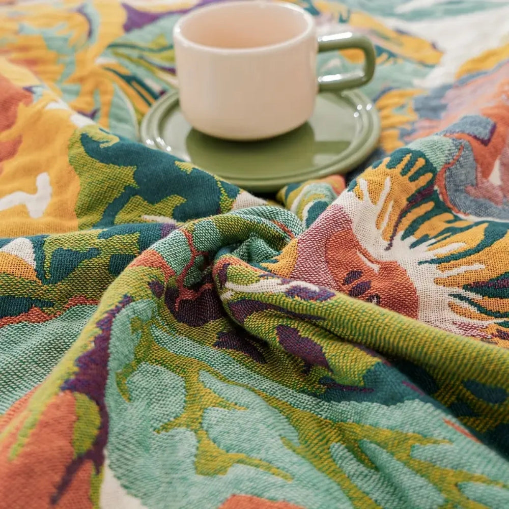 Throw Blanket | Woven Jacquard Floral Cotton | Wide Border Trim